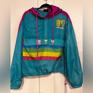 MTV Retro Colorblock Cropped Windbreaker Jacket Leopard Logo Teal Pink 2X